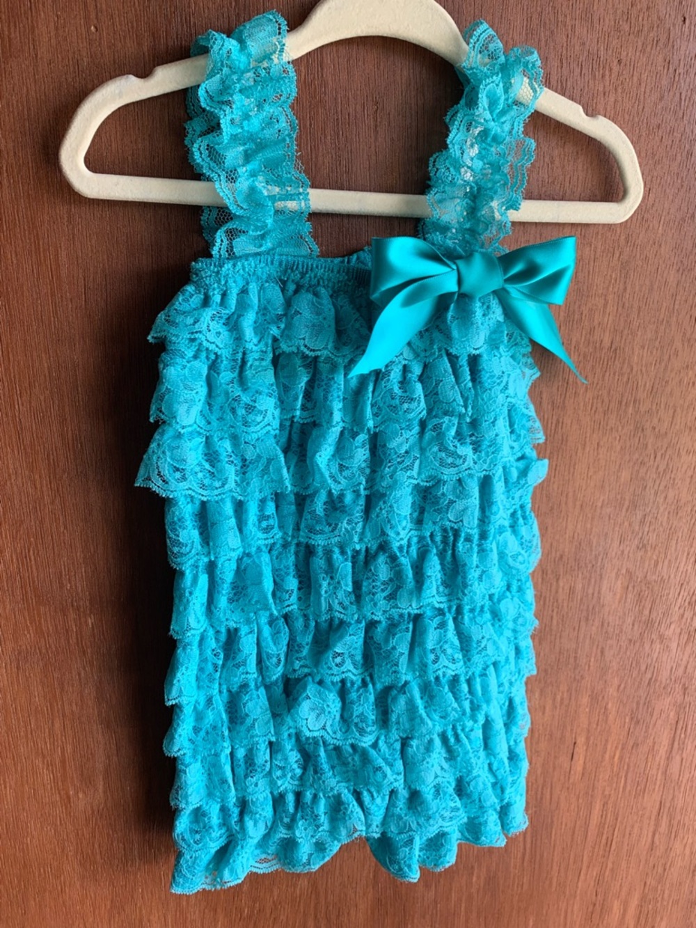 Blue Teal Lace Ruffle Romper with Satin Bow